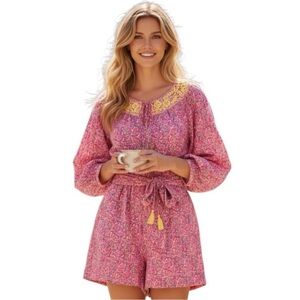 J.Crew Embroidered Romper Women’s Sz 8 Pink Vines Block Print Raglan Puff Sleeve